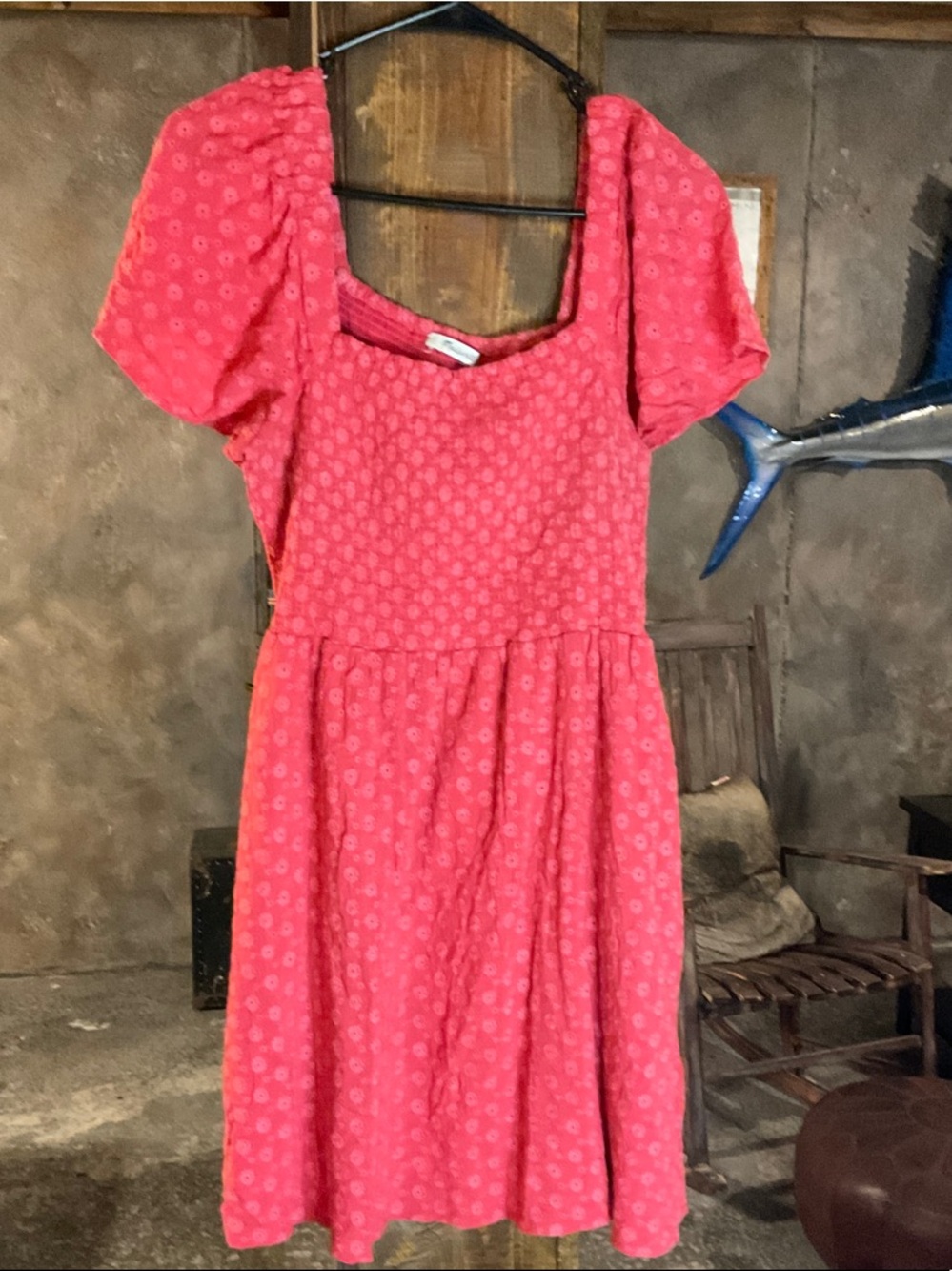 Madewell Coral-Pink Textured Puff Sleeve dress